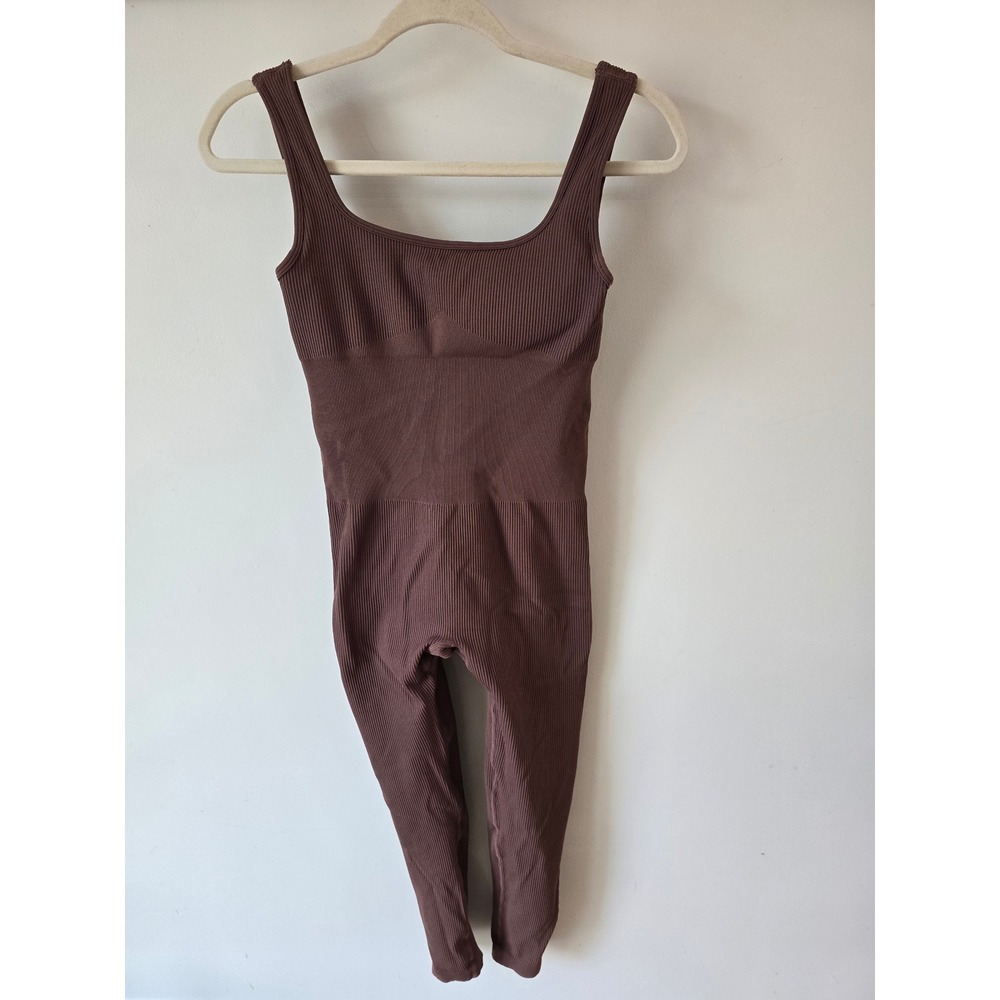 Mooslover Brown Ribbed Seamless Workout Jumpsuit Unitard Square Neck Sleeveless